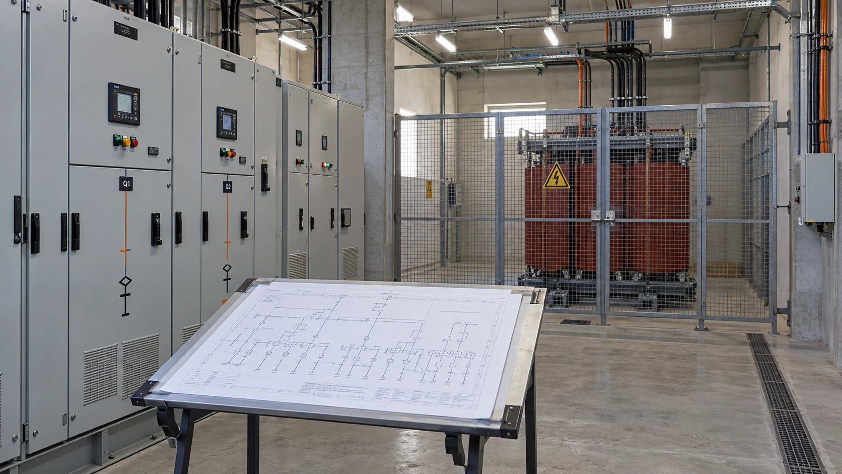Subestação e cabine primária de média tensão com diagrama unifilar e painéis elétricos
